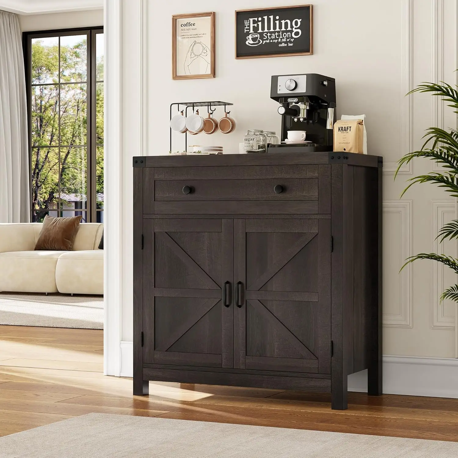 Kitchen Storage Cabinet, Modern Farmhouse Buffet Sideboard with Drawer and Adjustable Shelf