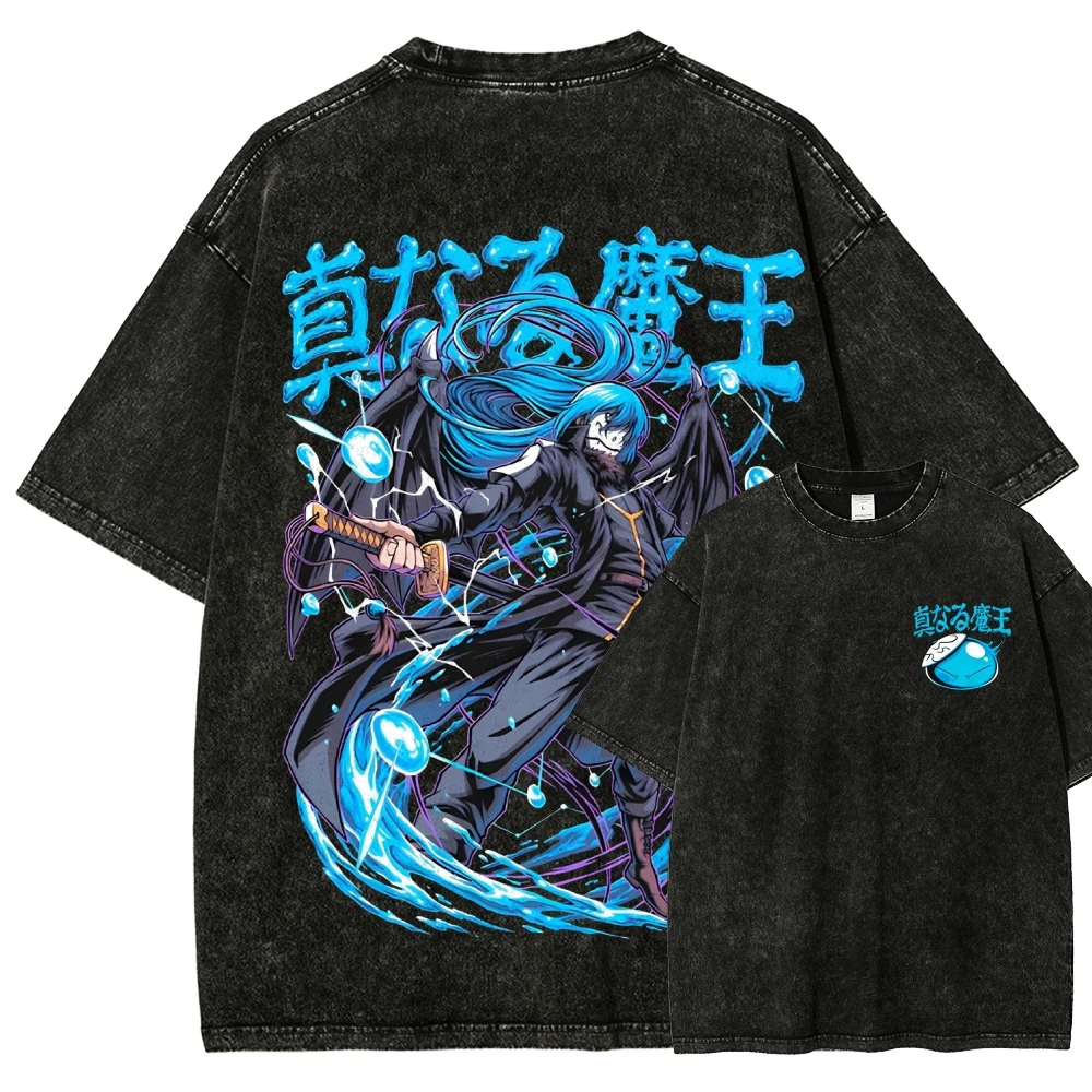 Reincarnated as a Slime Washed T-shirt Oversized Unisex Print   for Men Women Fashion Hip Hop Street Retro Fashion Trendy Cotton