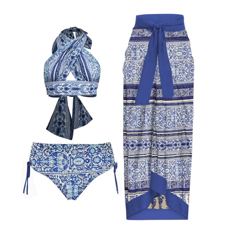 Blau und weiß Porzellan Bauch Kontrolle Bügel Badeanzug Push-up Frauen Bade bekleidung Badeanzug mit Strand rock Sarong Vertuschungen