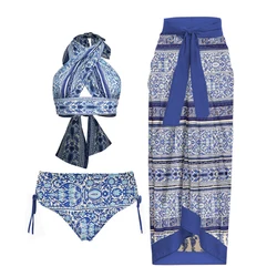 Traje de baño de porcelana azul y blanca para mujer, bañador con aros, Push Up, falda de playa, Sarong