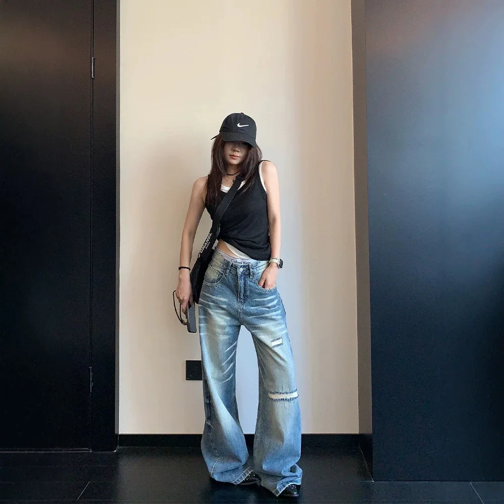 Cat Whisker Ripped Scimitar Jeans Women's New Retro Old Loose Wide Leg Mopping Pants