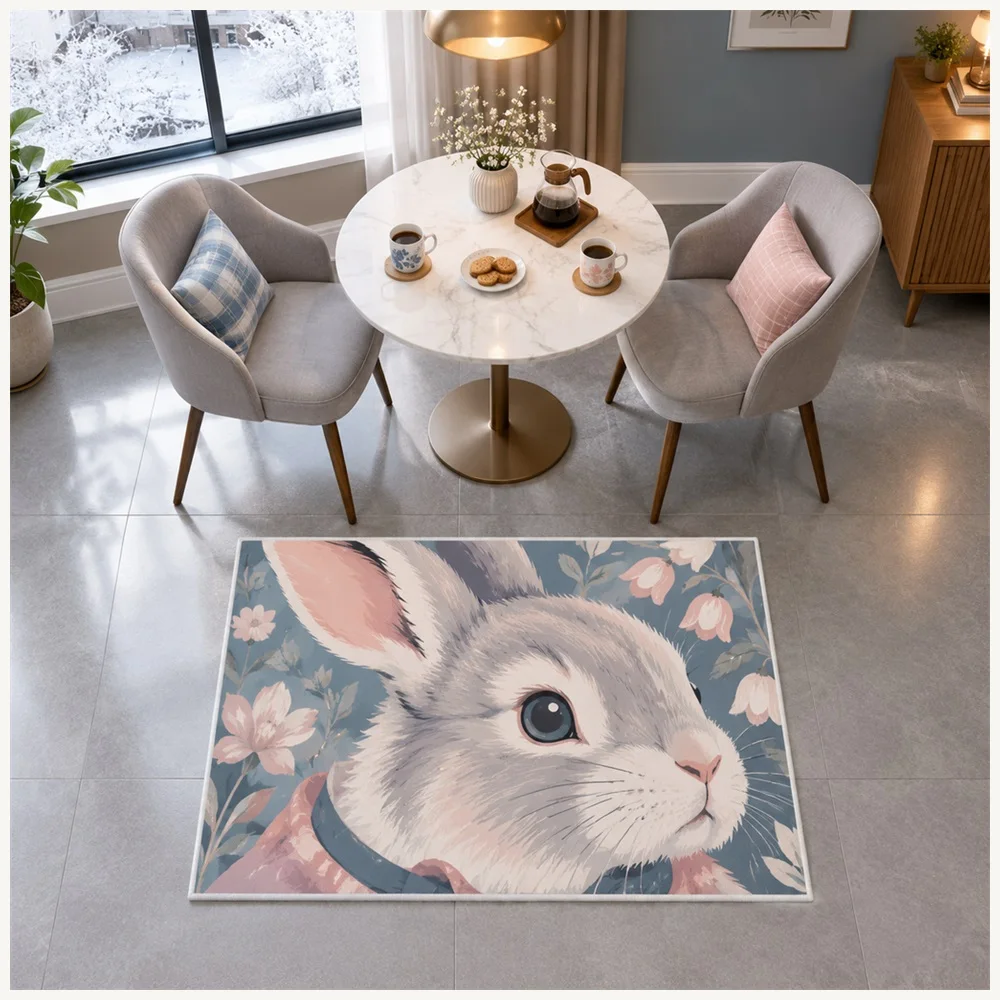 VIKAMA Cute Animal Grey Pink Blue Bunny Flannel Door Mat, Quick Dry Non-Slip Floor Mat, Home Decor for Dining Room, Bathroom