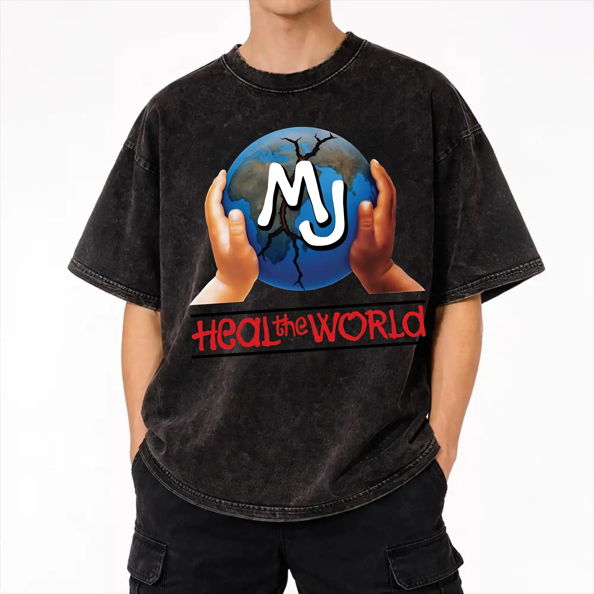 Heal The World MJ Signature michaels jacksons T Shirt Hip Hop Washed Short Sleeve  T-Shirts  Vintage for Men Women Streetwear