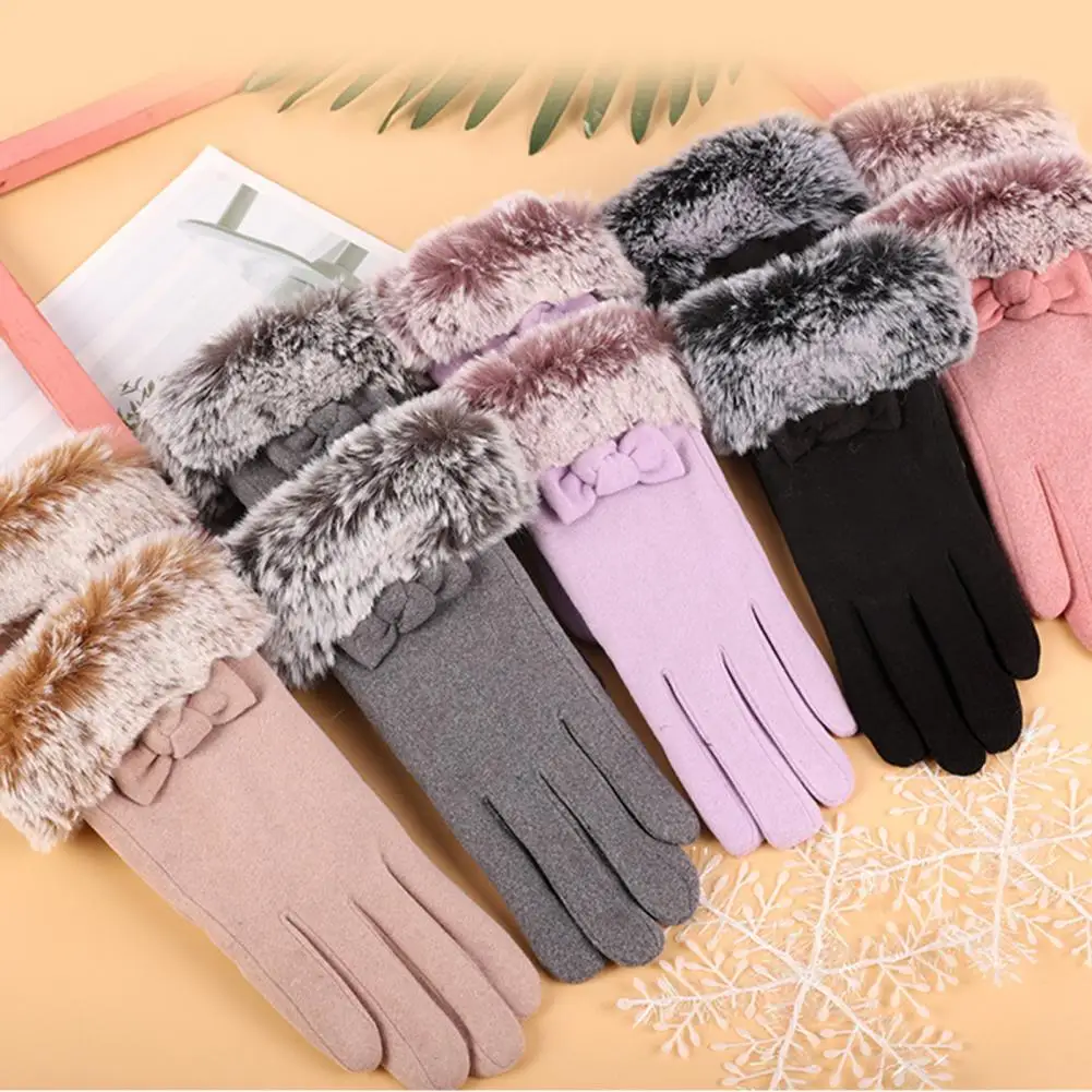 Soft Touchscreen Gloves Ladies Touchscreen Gloves Women's Faux Fur Bow Decor Touch Screen Gloves Windproof Warm for Riding