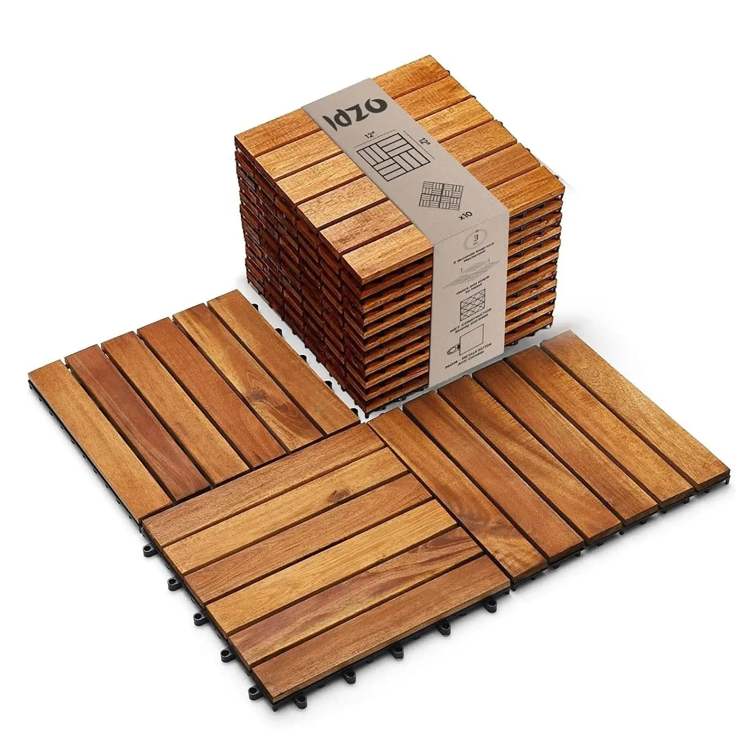 Idzo Interlocking Deck Tiles - 10Pcs Waterproof Acacia Wood Patio Tiles, Flooring Tiles For Both Indoor And Outdoor - Decking