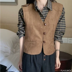 Suede Sleeveless Short Jackets 2024 Spring New Design Solid Retro Vintage Single-Breasted Button Small Vests Coats