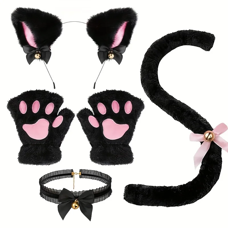 5Pcs Halloween Party Ears Set Plus Cute Paw Gloves Cosplay Animation Exhibition Character Handmade Plush Props Hair Accessor