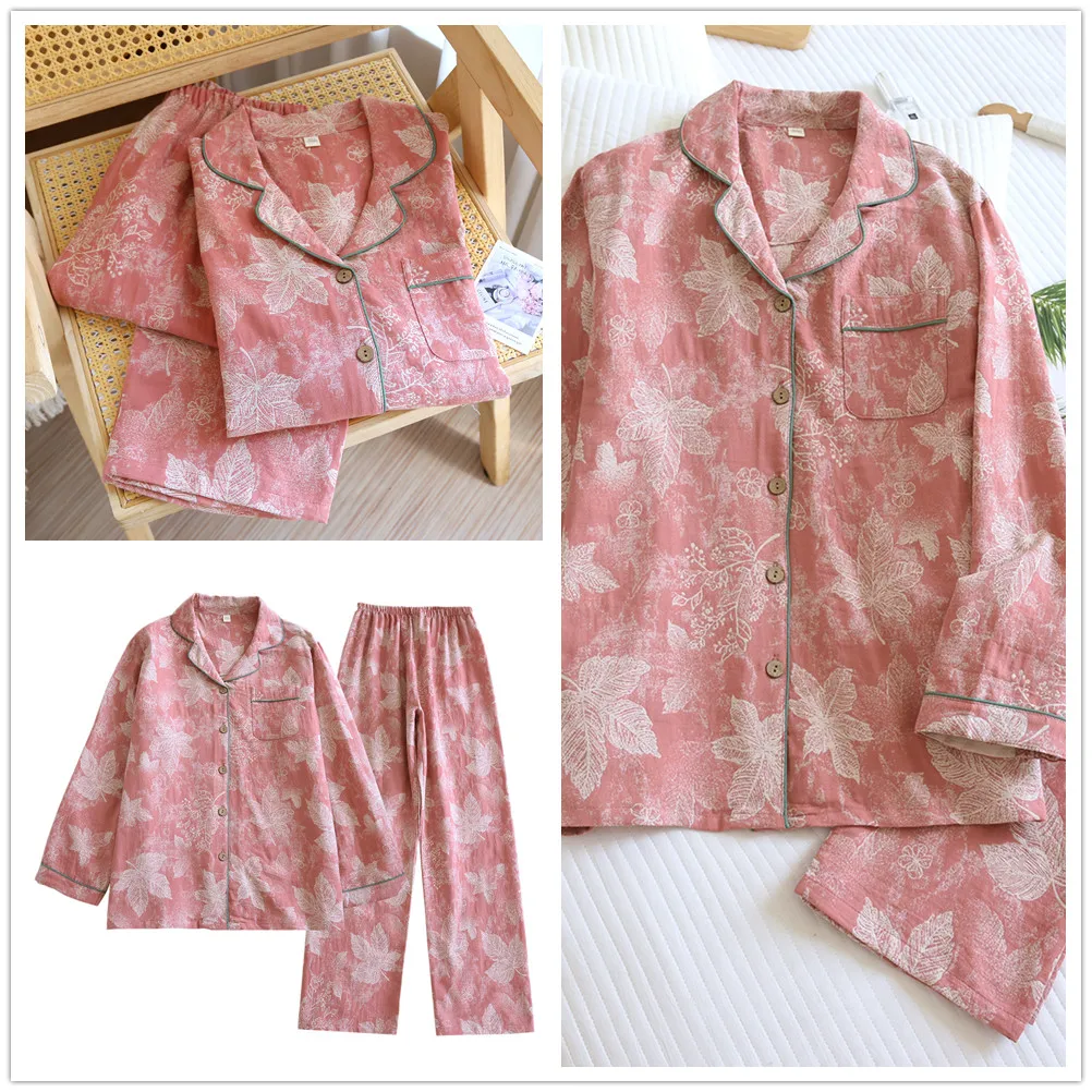 Women's Spring Autumn Pajama Set Cotton Crepe Lapel Sweet and Cute Long Sleeve Thin Home Clothing