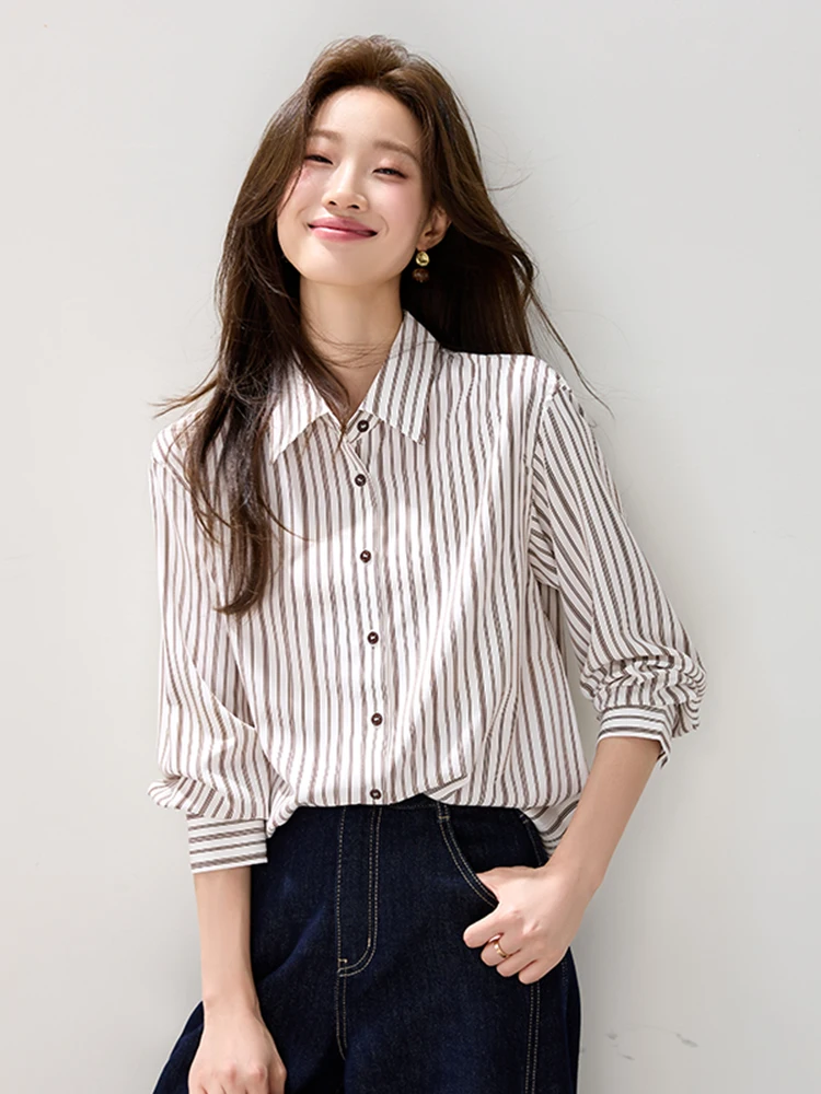 

Women's Loose Long Sve Striped irt Spring New Sle Commute Cleanfit Slimming Effect Royal Qianer Faionable Busin Top