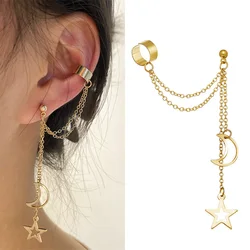 New Hiphop Clip Earrings for Women Star Moon Pendants Ear Cuff Punk Personality Gold Color Tassel Ear Clips aretes de mujer