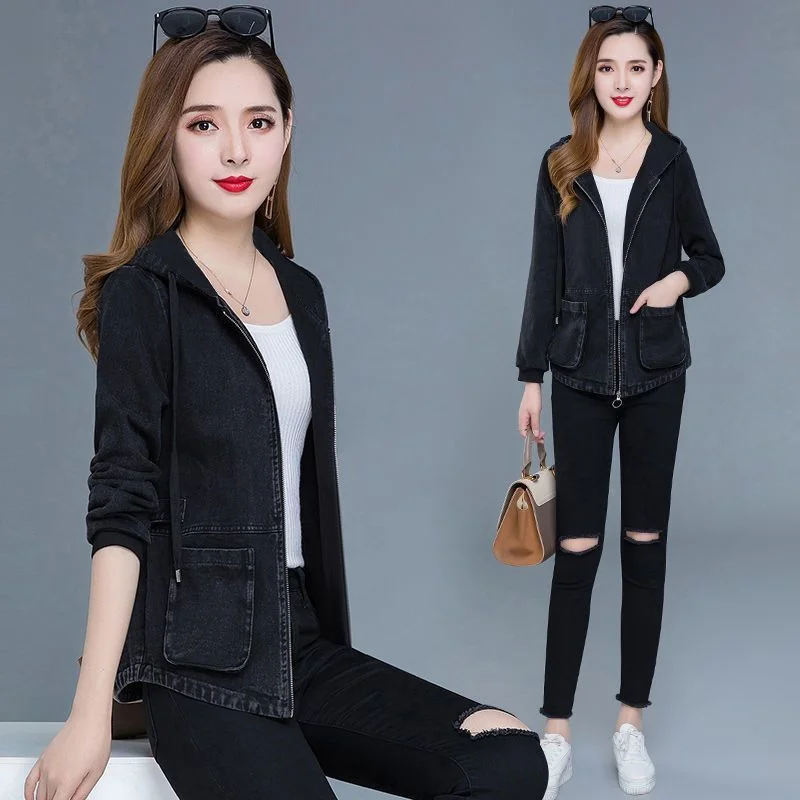 Female Zipper Embroidery Short Hooded Denim Jacket 2023 New Women Spring And Autumn Korean Version Loose Mother Denim Soft Coat