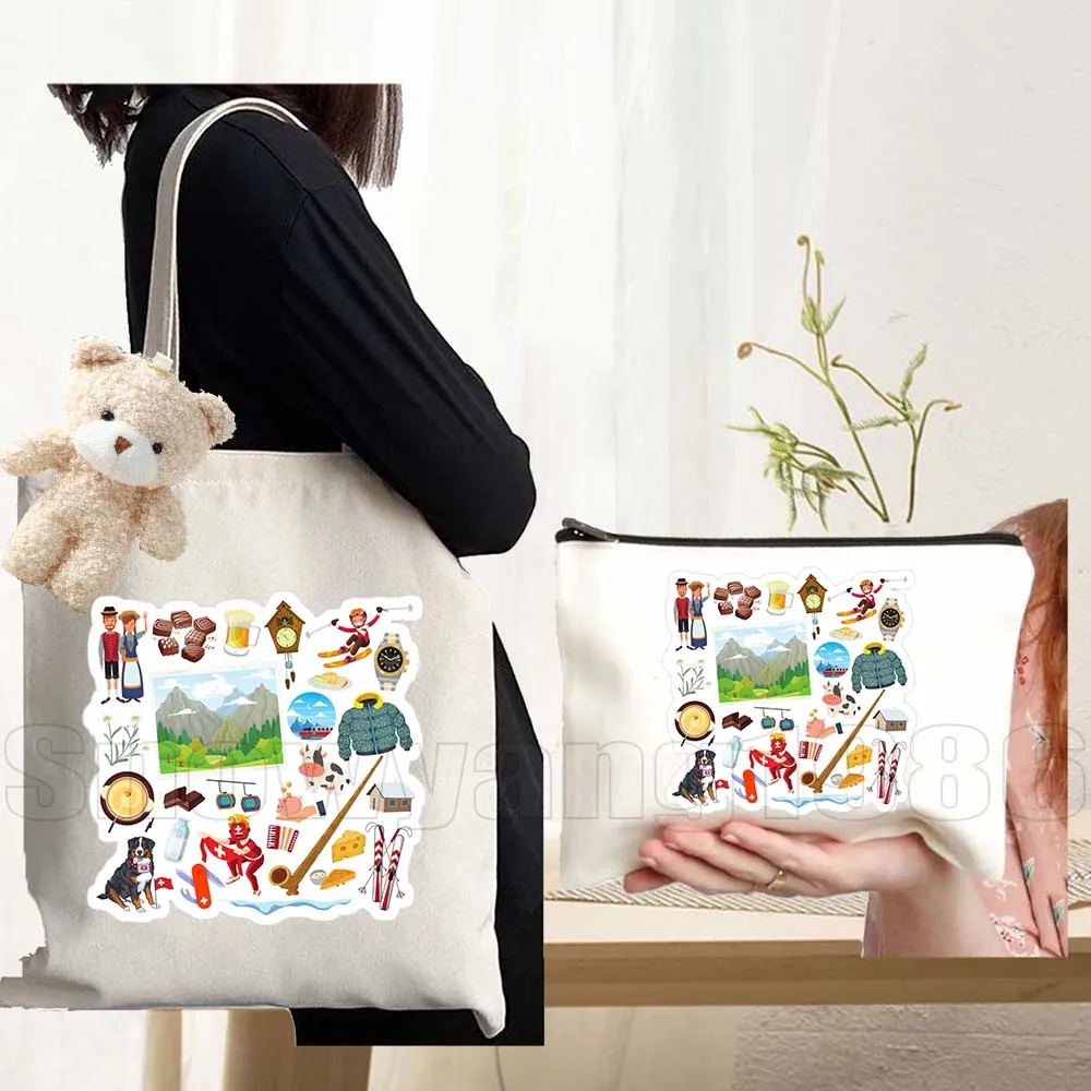 3pcs Brazil Canada France Germany Greece Canvas Tote Bag Sweden Italy Mexico Russia USA Japan Travel Icons Shopping Eco Handbag