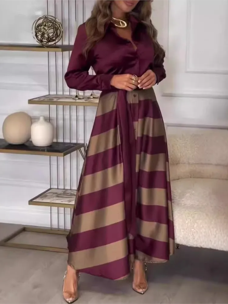 Vestido largo de satén a la moda para mujer, vestido informal de manga larga con cordones y cuello vuelto, vestido estampado con patrón Vintage para primavera y otoño