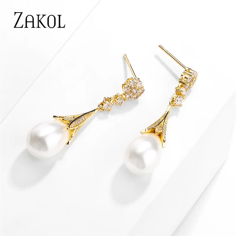 ZAKOL Fashion Pearl Dangle Earrings for Women Gold Color Cubic Zirconia Jewelry Water Drop Wedding Engagement Jewelry  New