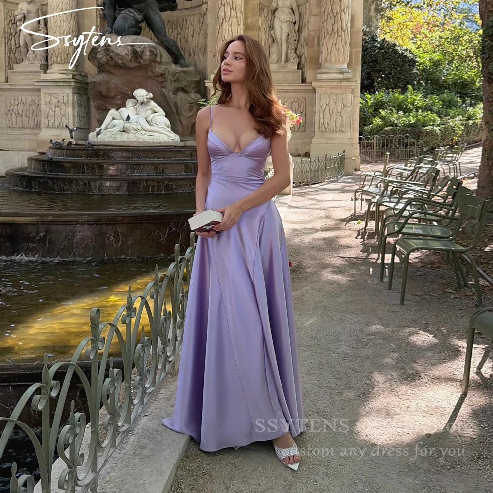 SSYTENS Elegant Satin Maxi Party Dresses Women Lavender Spaghetti Straps V Neck Dresses Lady Evening Formal Vestidos New 2027