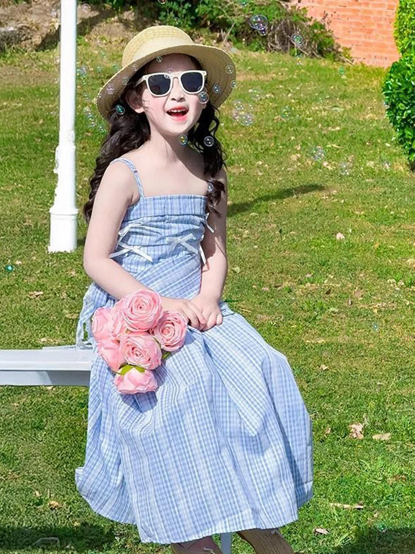 Girls' Blue Plaid Suspender Long Skirt Pastoral Style Dress