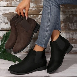 New Round Toe Elastic Band Women Boots Thick Low Heel Slip on Botas Mujer Autumn Winter Short Chelsea Botines Female Flock Botas