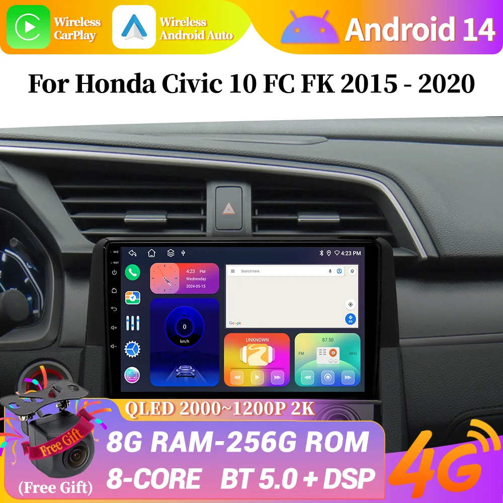 

Android 14 For Honda Civic 10 FC FK 2015-2020 Car Radio Navigation Wireless Bluetooth CarPlay Multimedia GPS Touch Screen Stereo