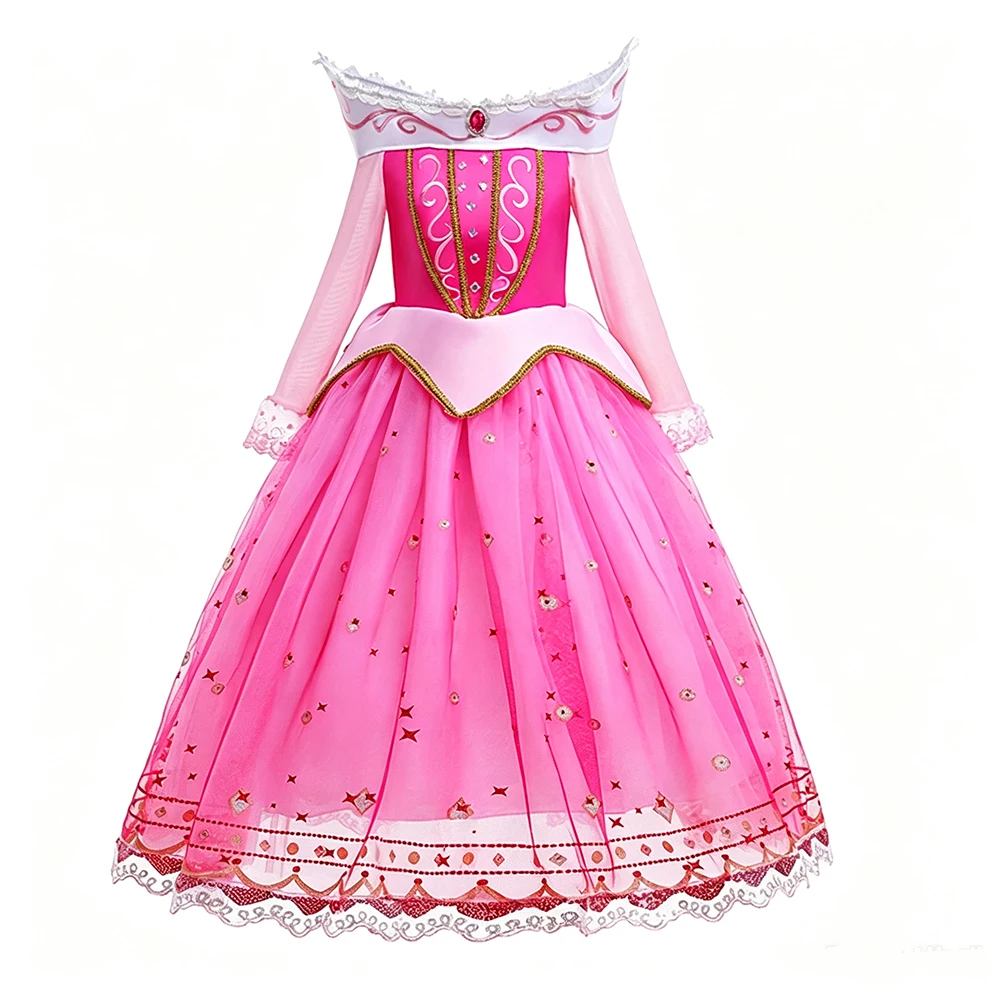 Pink Princess Dress for Girls Luxury Off Shoulder Gown for Kids Birthday Dress for Girls 3 4 5 6 7 8 Years