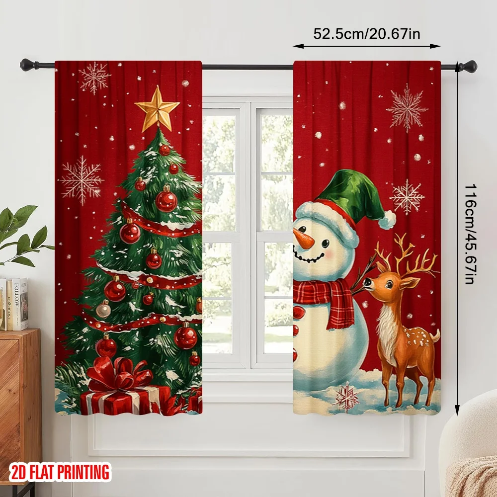 2pcs,2D plane printing Creative Curtains Cute Snowman Deer Christmas Tree (3) Durable 100% Polyester Fabric (without rod) Room