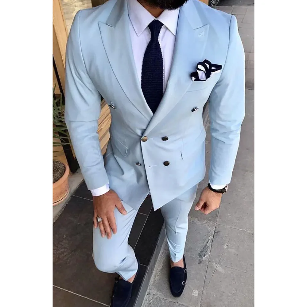 

Elegant Sky Blue Men Suits Two Piece Fashion Peak Lapel Double Breasted Wear Smart Casual Slim Wedding Tuxedo Blazer with Pants