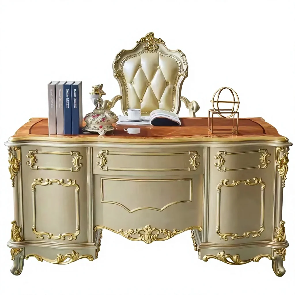 ^European-style French-style Solid Wood Writing Desk Cabinet Champagne-Gold Manager Desk Chair Commercial Office Office Building