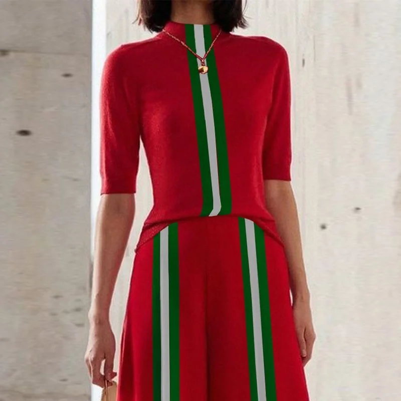 Krisstarsgirls Women Stripe Skinny T-Shirts Red 2025 Summer Half Sleeves Mock Neck Woman Leisure Contrast Color Tops Office Lady