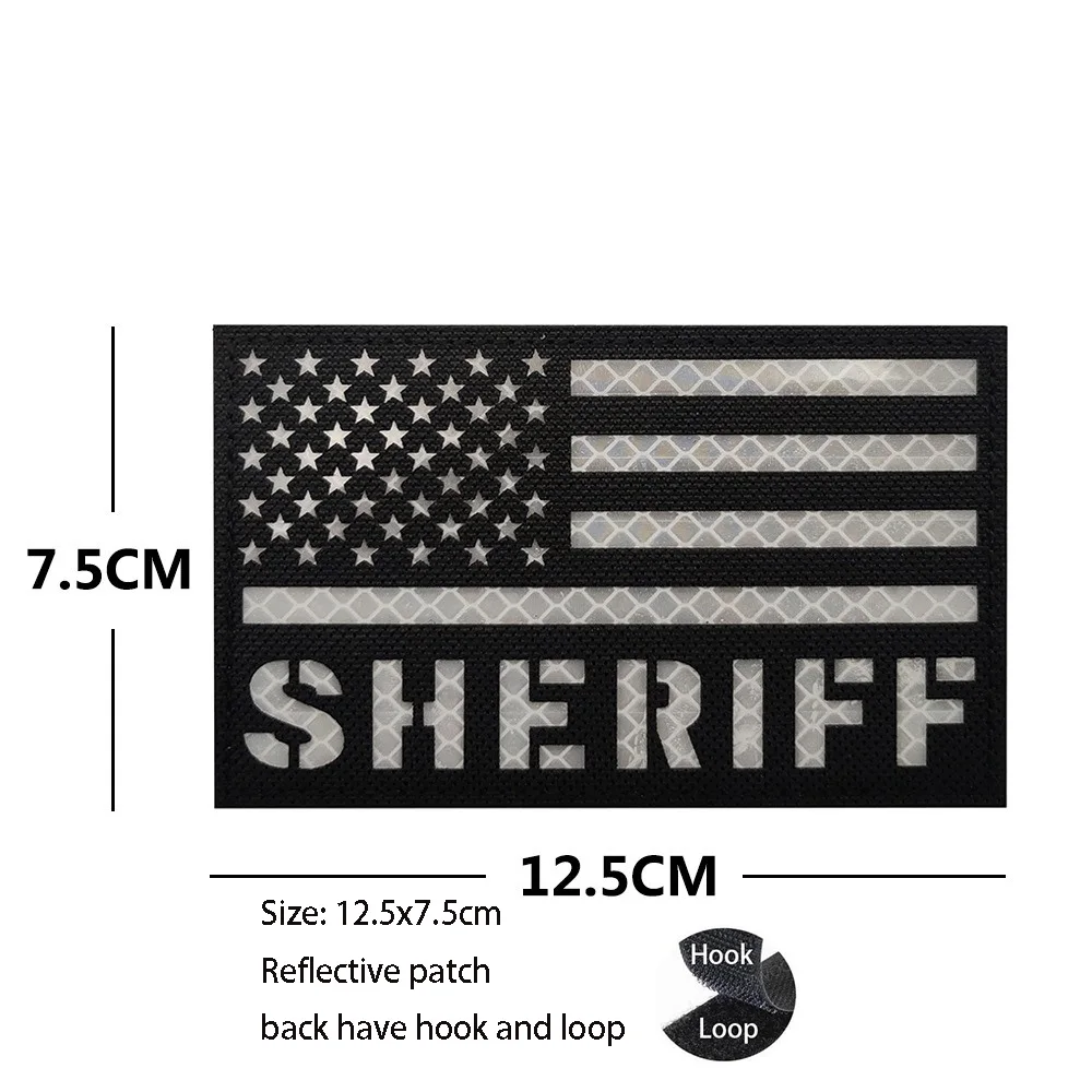 New Design 5X3inchy English Letters SHERIFF American Flag Reflective Armband Black and White Laser Cut Morale Backpack Patch