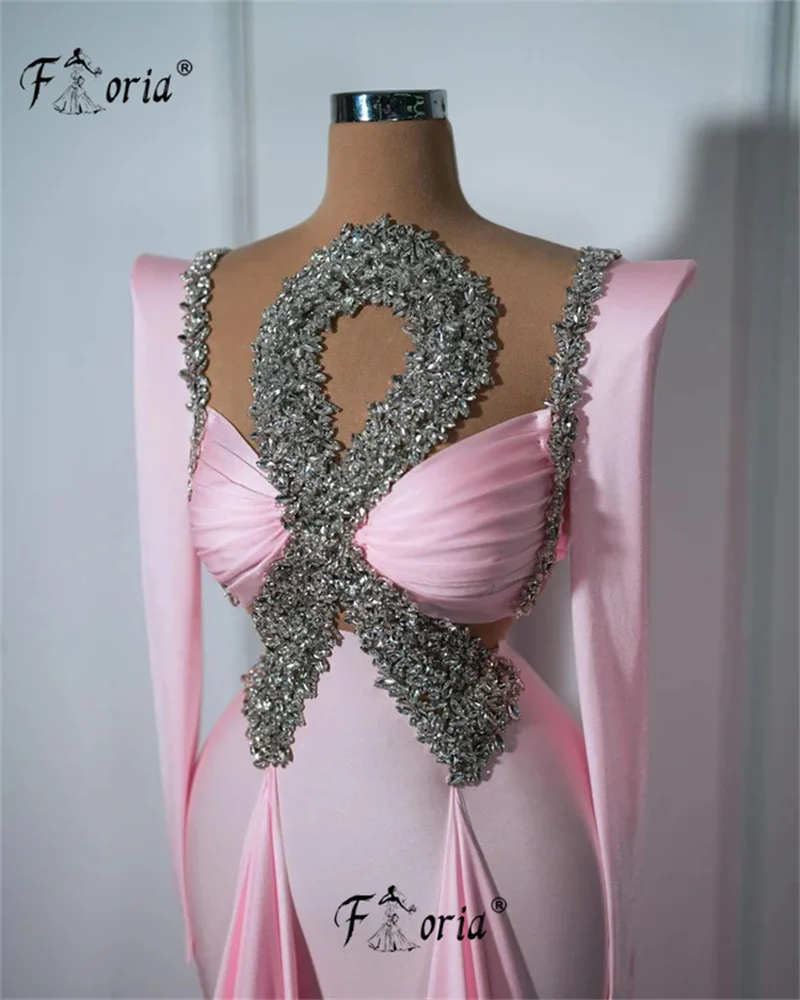 Vestido de fiesta de noche de sirena con cristales principales, elegante, rosa, manga larga, cuentas brillantes, tren de barrido, vestido para ocasión Formal de celebridad