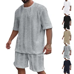 24 Amazon Knitted Solid Color Summer Casual Crew Neck Pullover Short Sleeve Shorts Sports Men's Suit