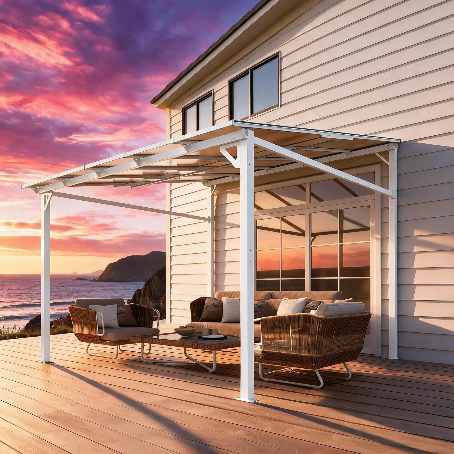 10 ft x 10 ft Lean to Gazebo, Hardtop Wall Pergola with Polycarbonate Roof, Aluminum Frame Mounted Gazebo for Lawn Patio Deck
