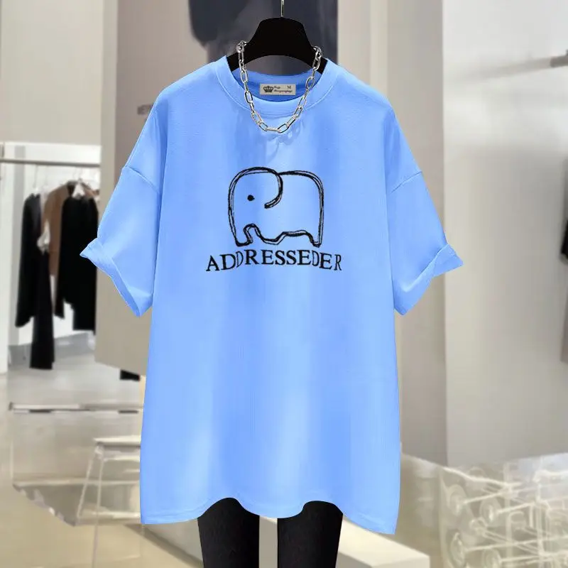 Women Clothing Cartoon Elephant Printing Short Sleeve T-shirt Summer Fashion Pure Cotton Basic O-neck Top Tee Oversized Pullover