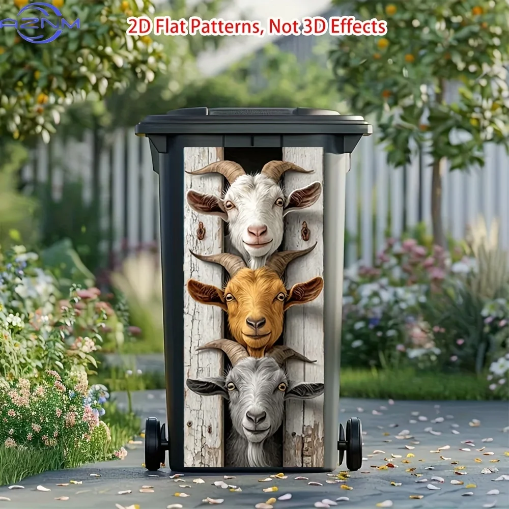 of a Flat 2D Sticker Featuring Three Goats Peeking, Designed for Use on Dustbins. This Decorative Sticker Is Suitable for Wall