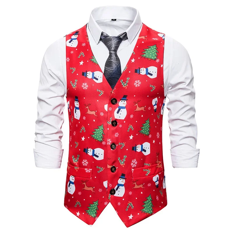 Men's Christmas Printed Suit Vest Fashion V Neck Single-breasted Sleeveless Waistcoat Holiday Party Fancy Vest Coat Men Clothing