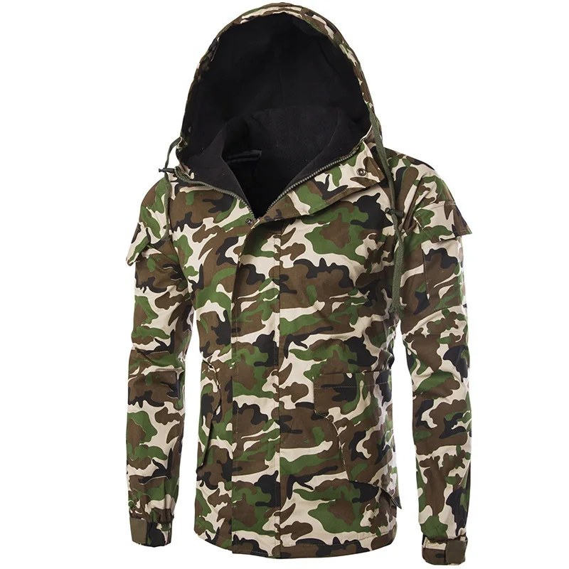 Jaket bulu domba kasual kamuflase pria, jaket bertudung Camo mantel ramping musim dingin Multi saku pakaian luar ruangan