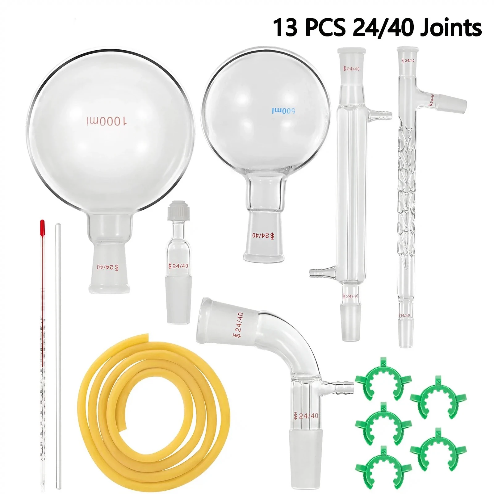 【13 Piece Set】500/1000ml, 24/40, Glass Still, Laboratory Distillation Equipment Chemistry Glassware Kit