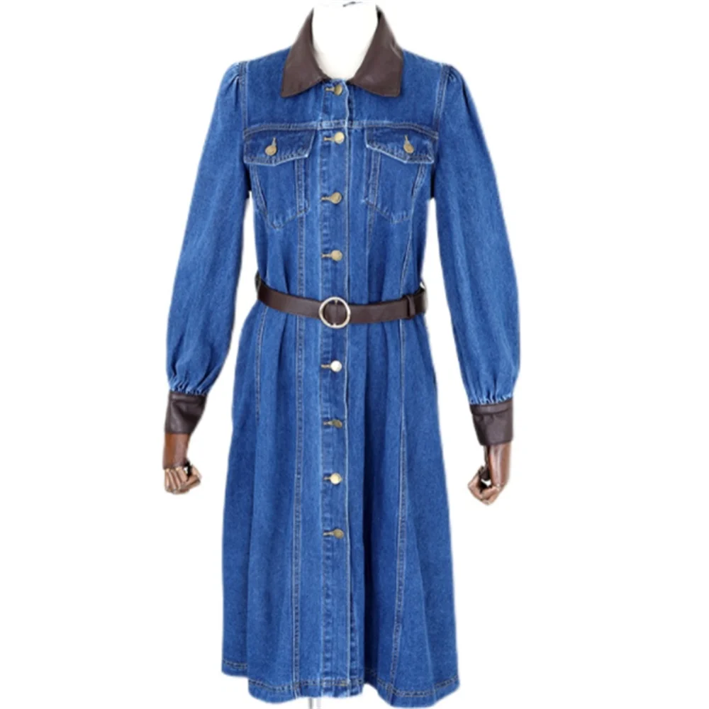 

Retro spliced denim dress new long-sleeved long Trench jean coat Single breasted