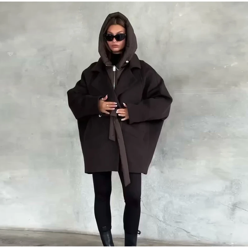 Solid Patchwork Women's Jackets Detachable Hooded Lace Up Pockets Coats Lady Chic Loose Outerwears 2026 Spring Autumn New Coat