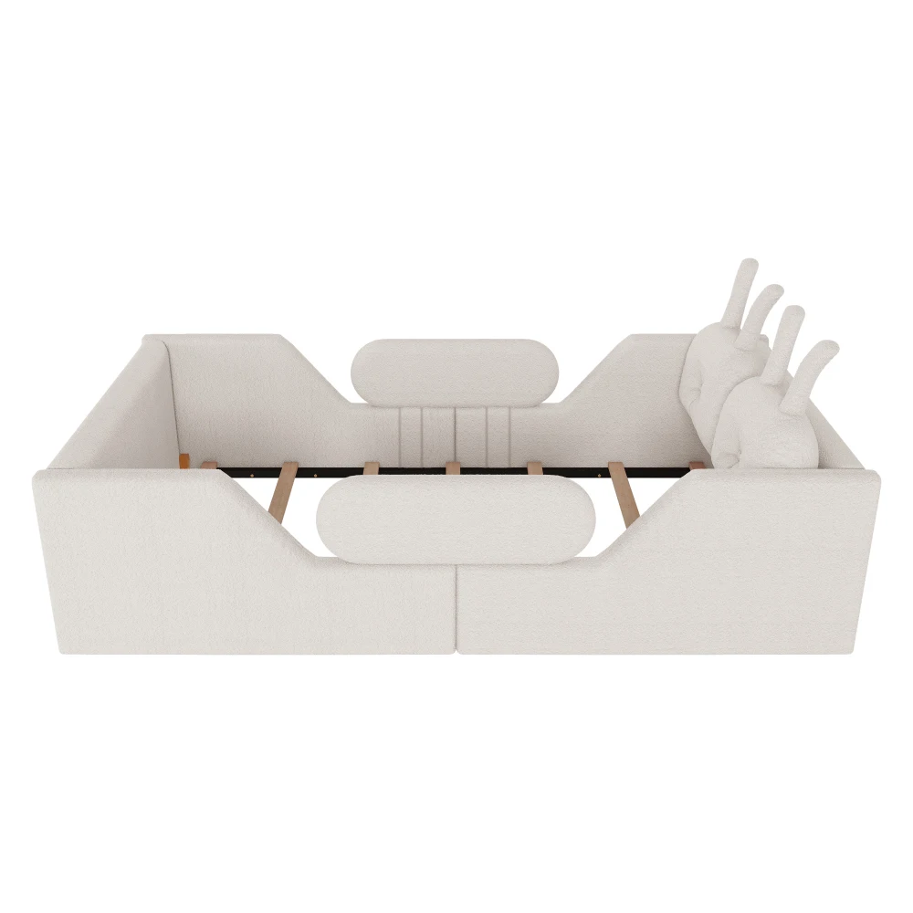 Twin Size Kids Upholstered Bed:Rabbit Cushion, Removable Rails, White (Arrival 2025/1/15)