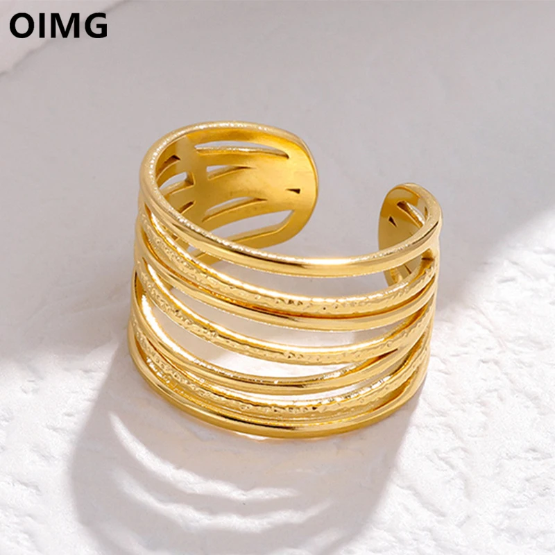 

OIMG 316L Stainless Steel Gold Plated Waterproof Exaggerate Multi Layer Hollow Wide Surface Open Adjustable Rings For Women