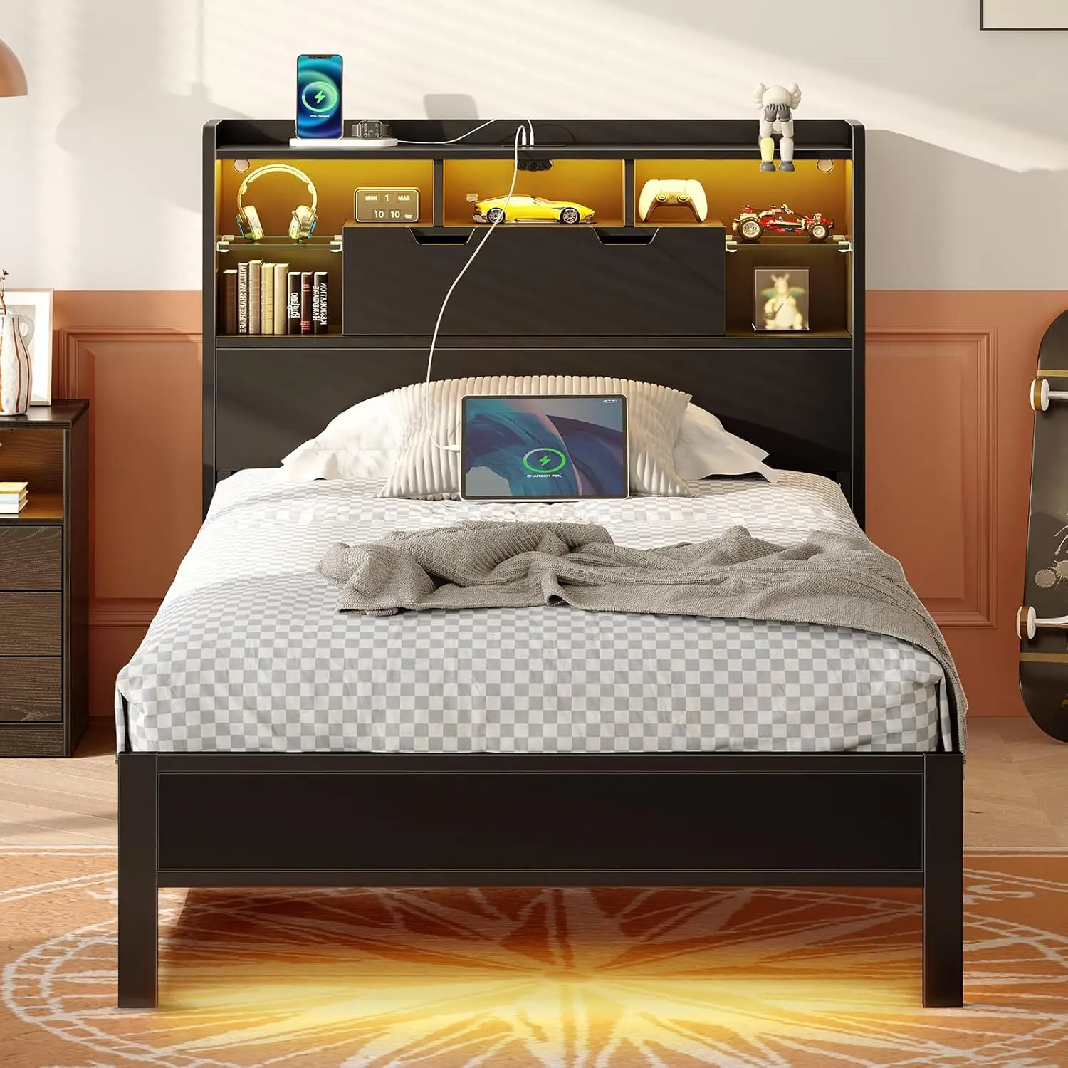 Bed Frame Twin Size with Charging Station LED Bed Frame with Storage Headboard Metal Platform Bed with Glass Shelves Bookcase