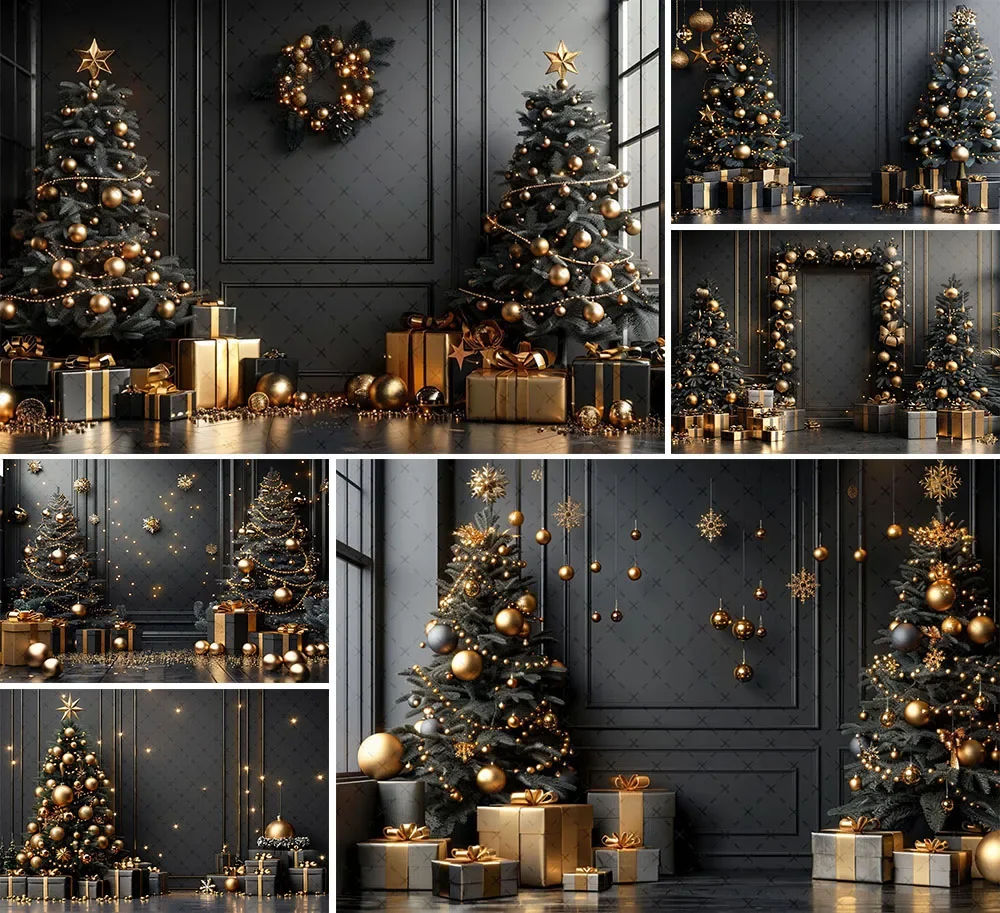 

Mehofond Photography Background Christmas Indoor Black Wall Gifts Xmas Tree Kids Family Portrait Decor Backdrop Photo Studio