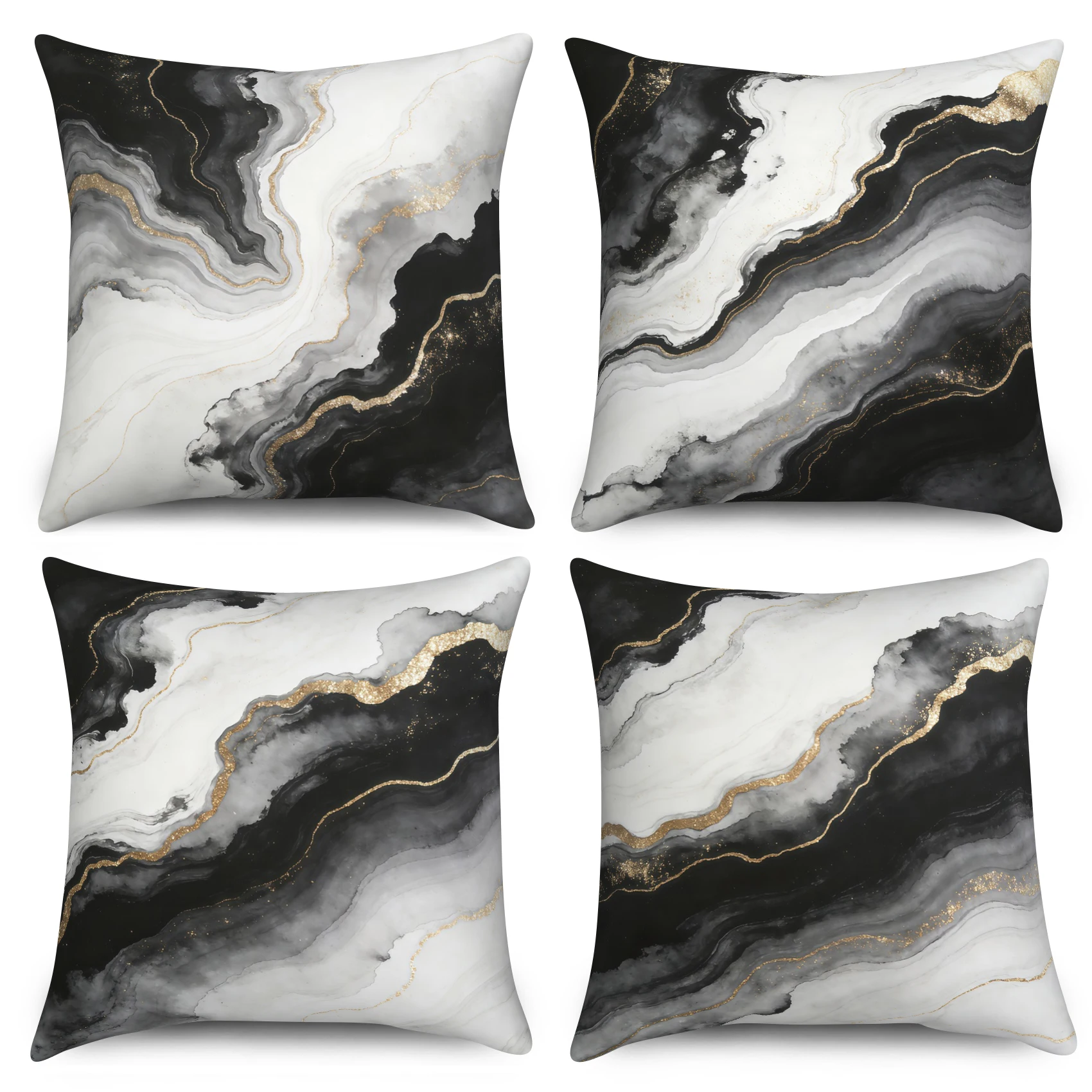 Luxury Marble Pillow Covers Set of 4 Black White Gold Ink Pillowcases Polyester Linen Material for Bedroom Living Room Decor