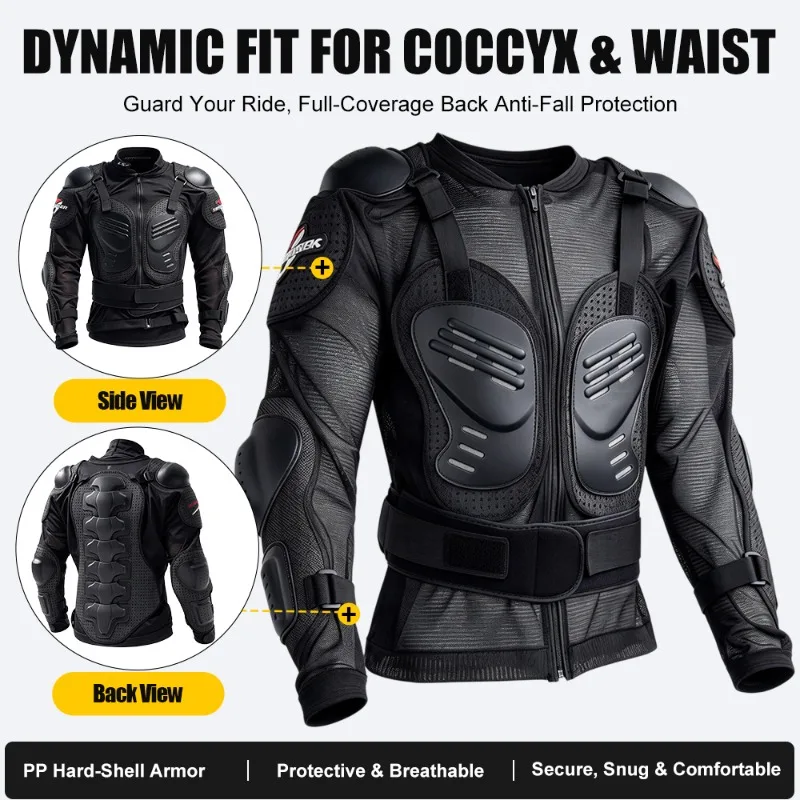 Motorcycle Riding Full Body Protective Armor Jacket PP Hard Shell EVA Impact Pads 7 Segmented Spine Guard Adjustable Waist