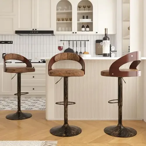 Bar Stools Set of 2,Adjustable Counter Height Stools with Bentwood Back,Armrest&Footrest,Swivel PU Leather Bar Chairs