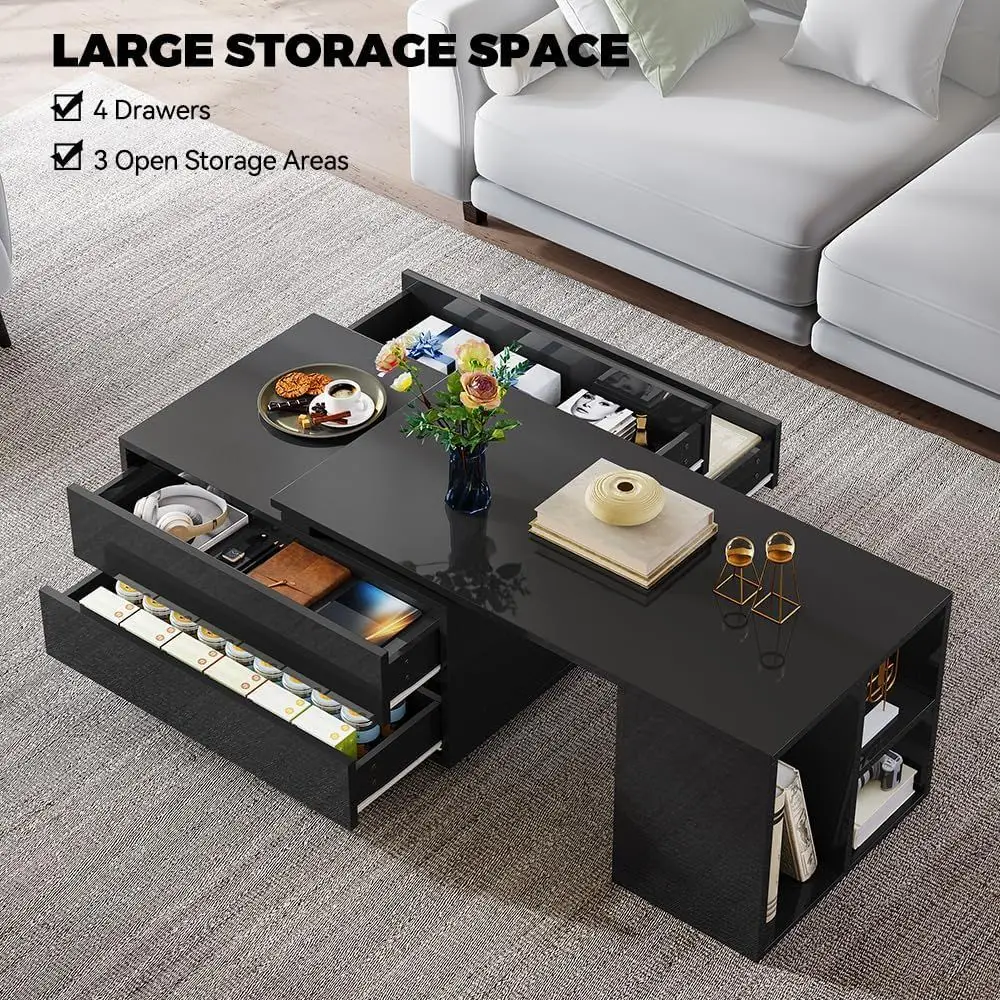 طاولة قهوة حديثة مستطيلة LED مع 4 أدراج، تخزين قابل للتمديد، أرفف مفتوحة، سطح منزلق، 35-61 لغرفة المعيشة/المنزل #4