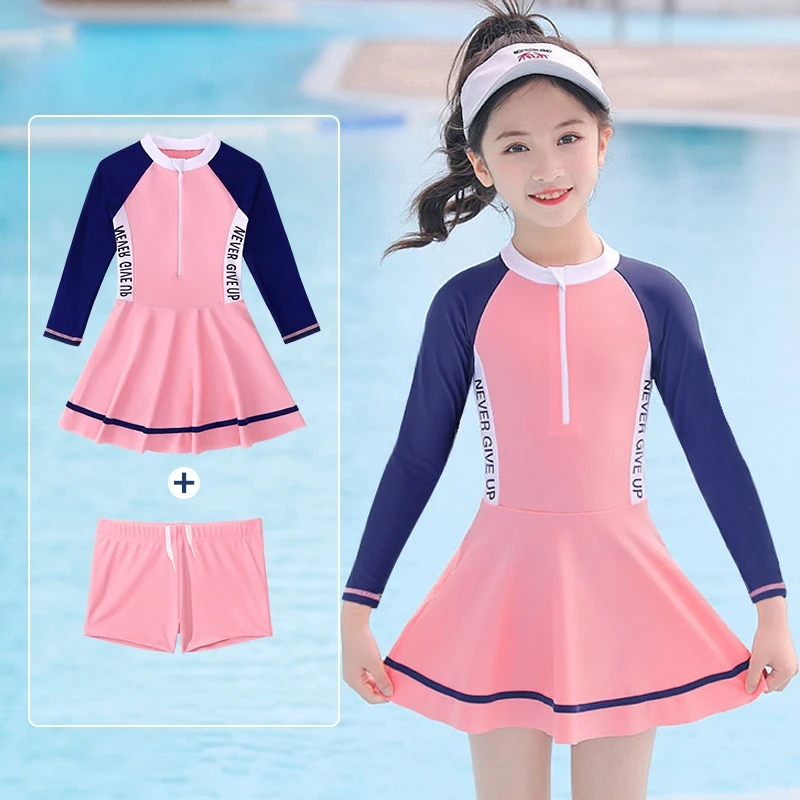 Girls UPF50+UV Protection Short Sleeve WaterProof Bathing SwimWear Kids One Piece Athletic Long Sleeve Surfing Beach Swim Skirts