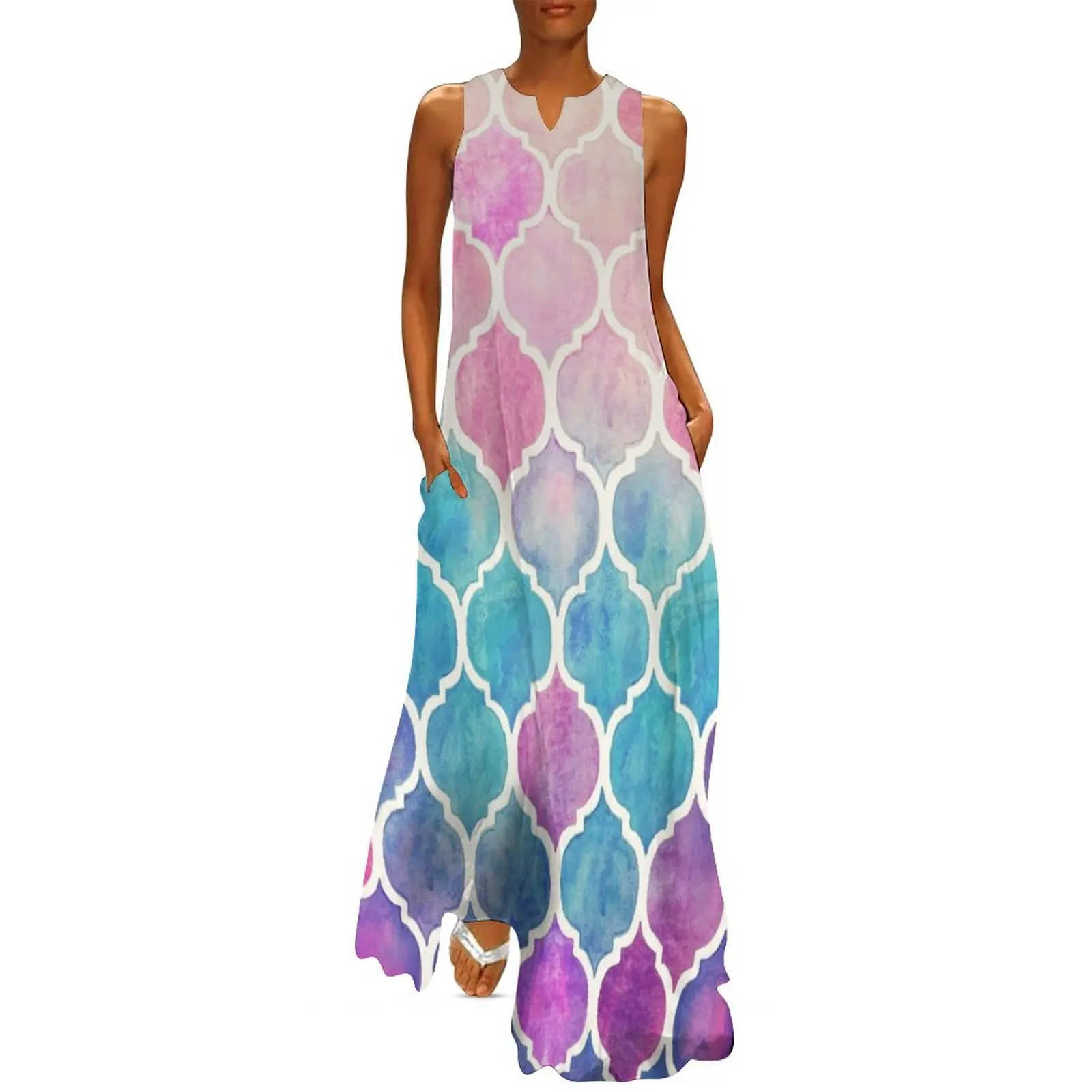 

Rainbow Pastel Watercolor Moroccan Pattern Long Dress purple dress woman dress sensual sexy for women women dresses