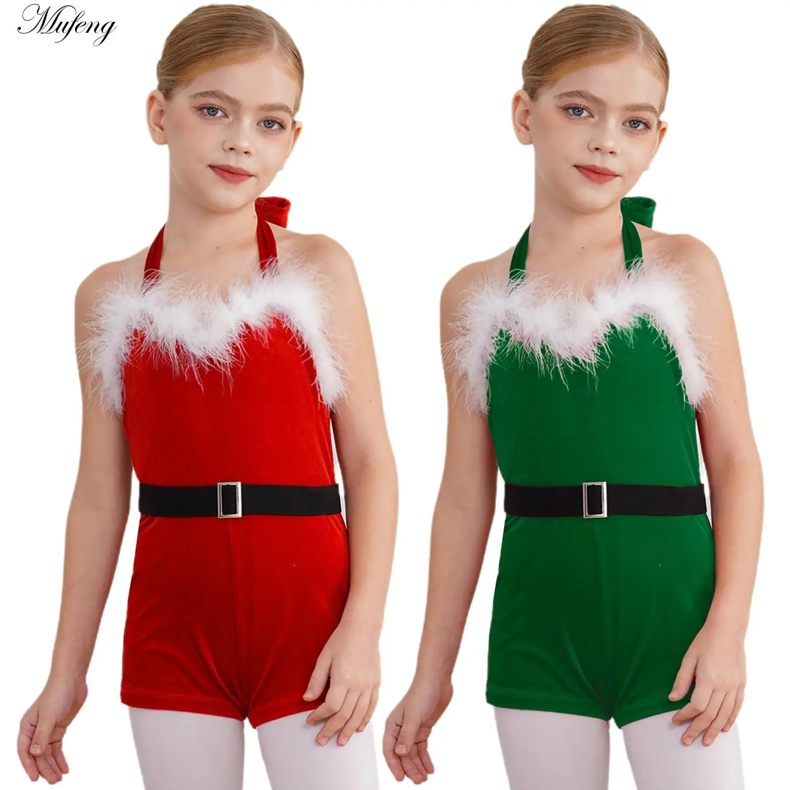 Girls Christmas Santa Claus Jumpsuit Costume Ballet Dance Halter Bodysuit Velvet Romper with Belt for Carnival Shows Dance Wear