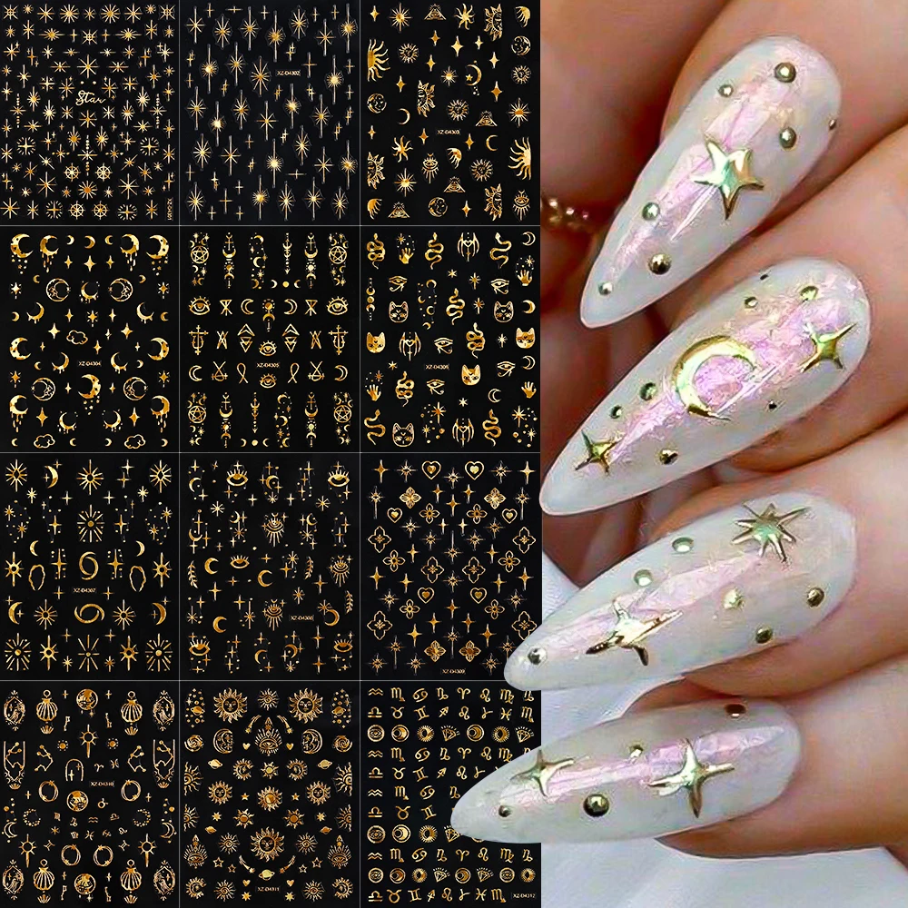 12 stks/set Bronzing Laser Gouden Maan Zon 3D Nail Art Stickers voor Nagels Decoratie Lijm Sliders DIY Nail Art Accessoires